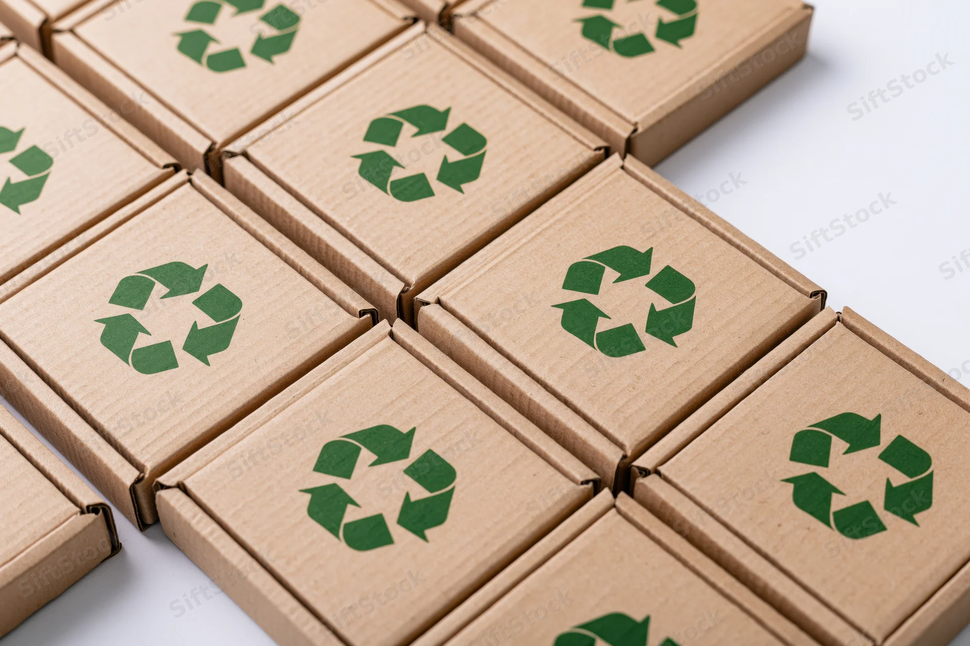Flat corrugated cardboard mailer boxes arranged in a grid with green recycling symbols on white background