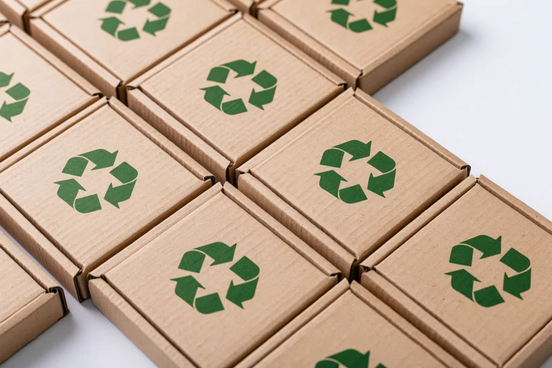 Flat corrugated cardboard mailer boxes arranged in a grid with green recycling symbols on white background