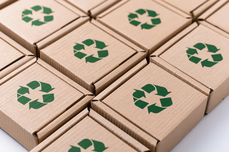 Flat corrugated cardboard mailer boxes arranged in a grid with green recycling symbols on white background
