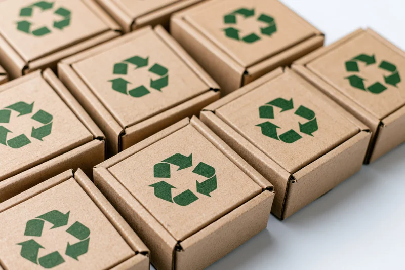 Multiple flat corrugated cardboard mailer boxes arranged in a grid with green recycling symbols on white surface