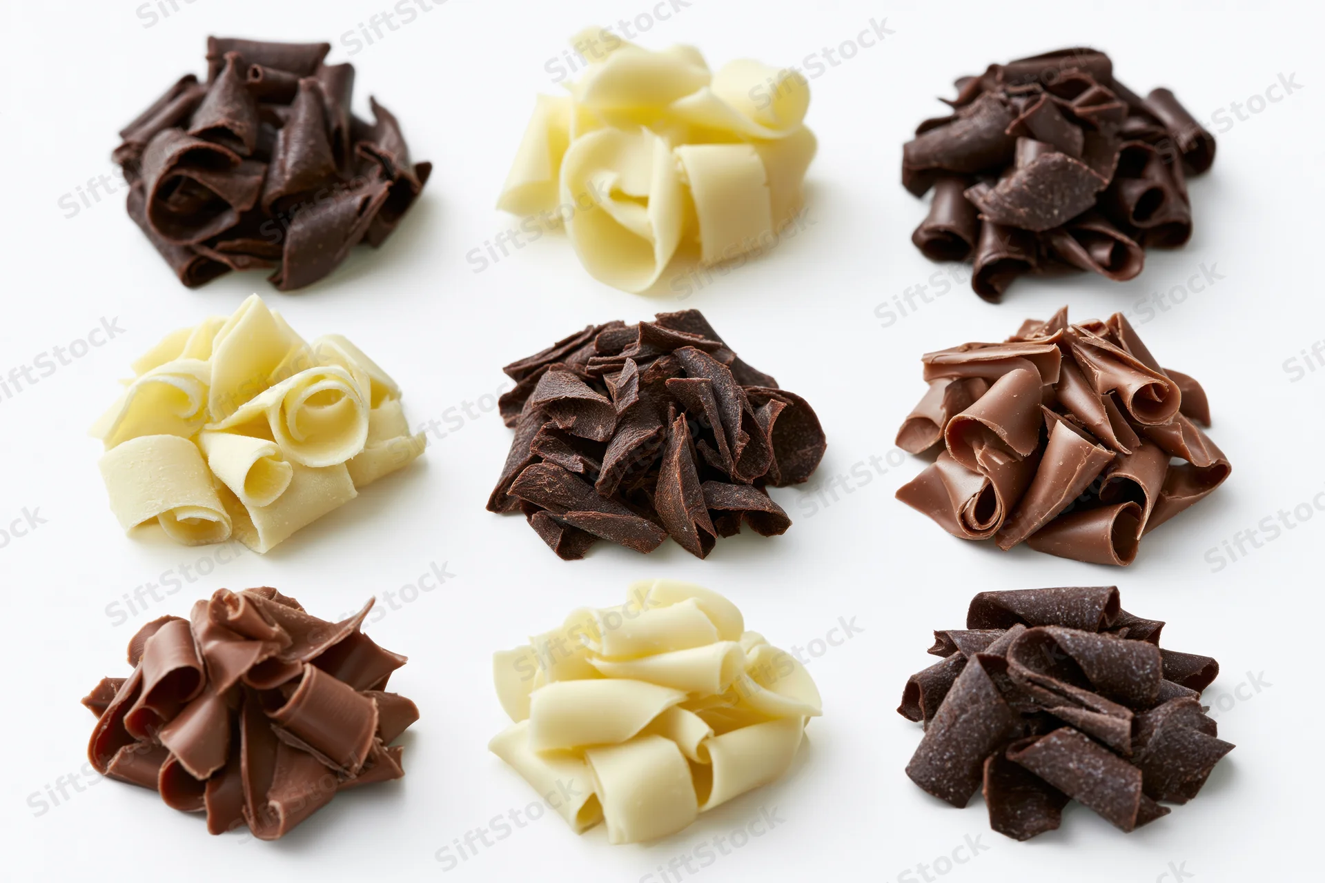 Nine grouped arrangements of dark milk and white chocolate curls on white background