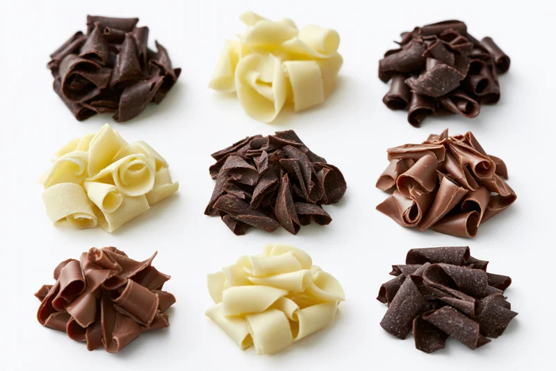 Nine grouped arrangements of dark milk and white chocolate curls on white background