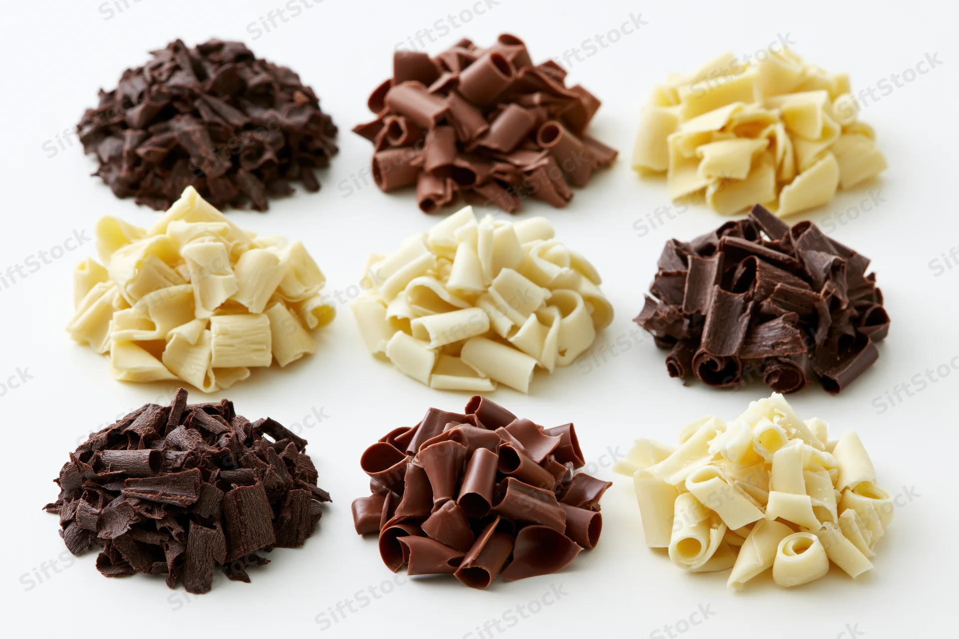 Nine piles of dark milk and white chocolate shavings arranged in rows on a white background