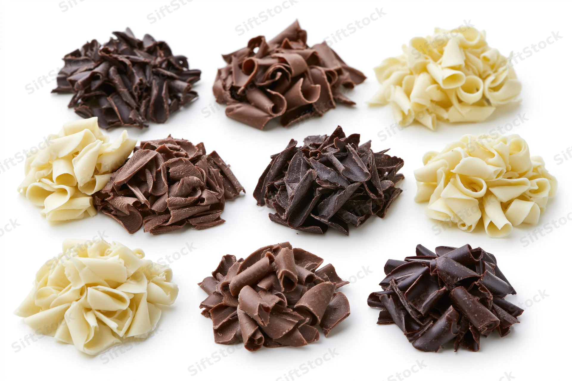Nine piles of dark milk and white chocolate shavings arranged on a white surface