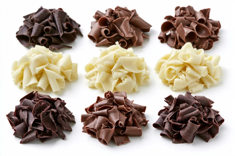 Nine piles of dark milk and white chocolate curls arranged in rows on white background