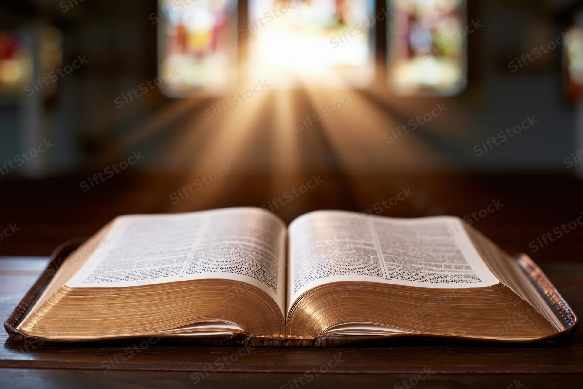 Open bible resting on wooden surface with light rays from stained glass window behind