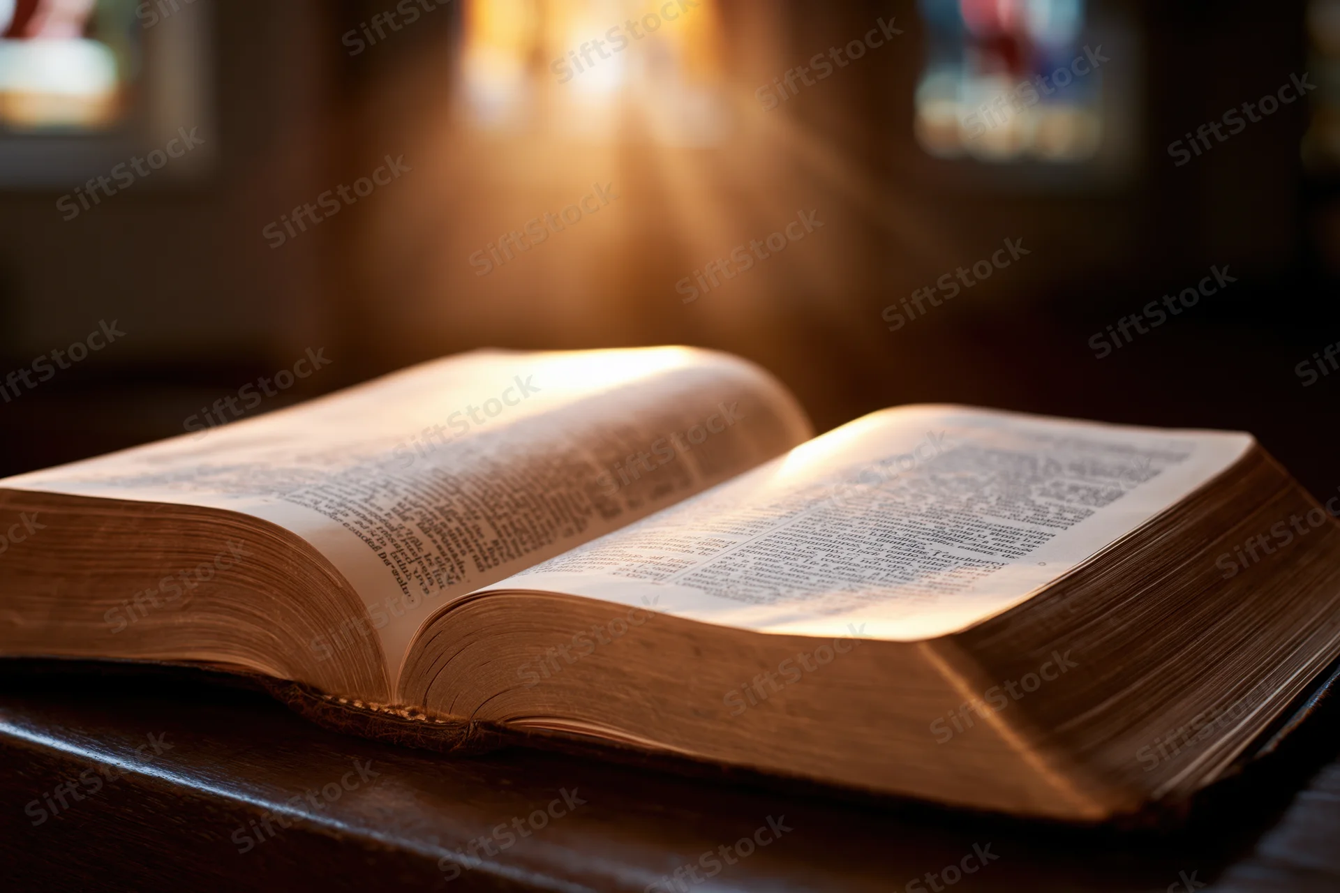 Open bible resting on wooden surface with sunlight streaming through stained glass