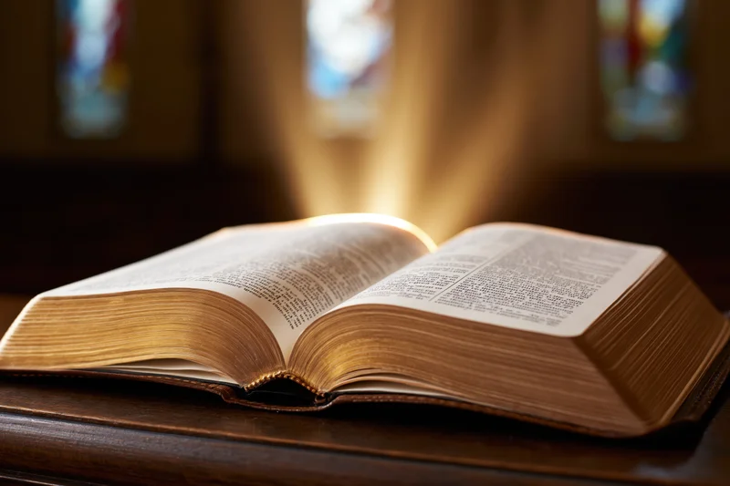 Open bible resting on wooden surface with stained glass light in background