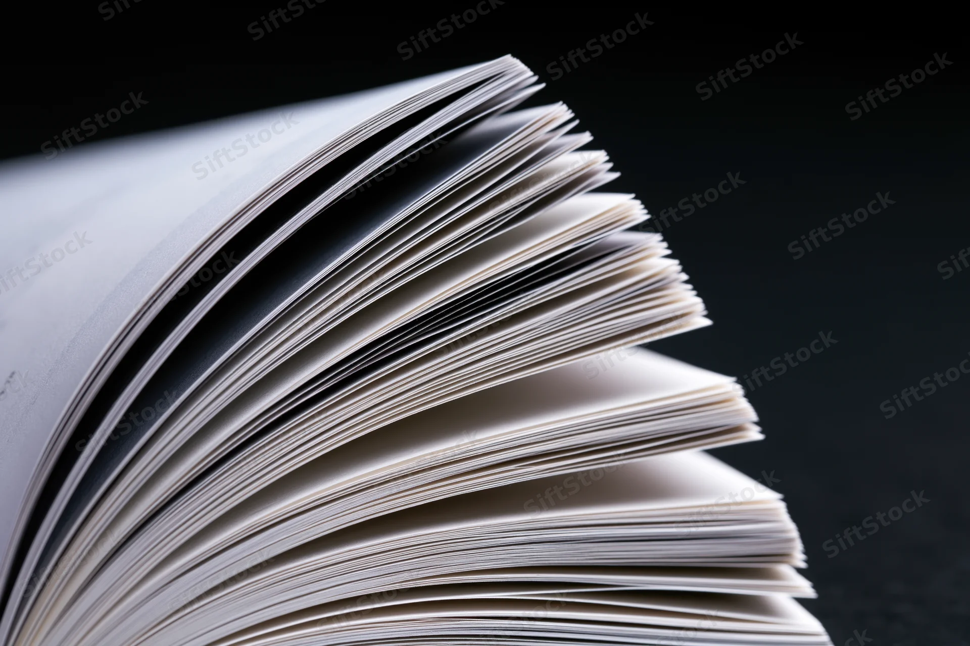 Open book with pages fanned in wide arc against black background