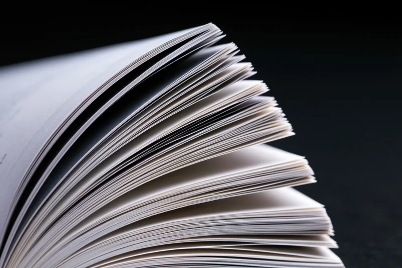 Open book with pages fanned in wide arc against black background
