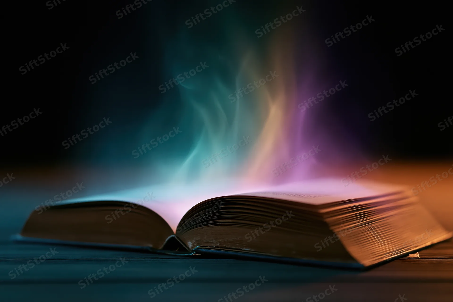 Open hardcover book glowing with colorful ethereal smoke on dark wooden surface