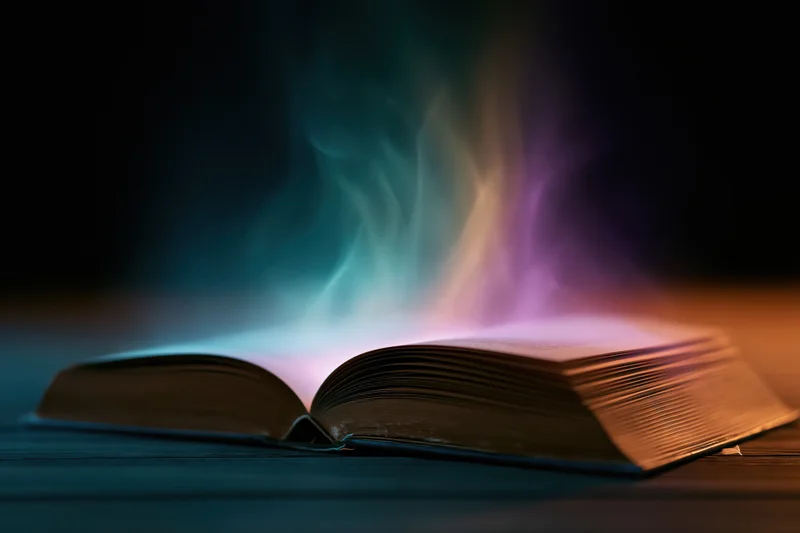 Open hardcover book glowing with colorful ethereal smoke on dark wooden surface