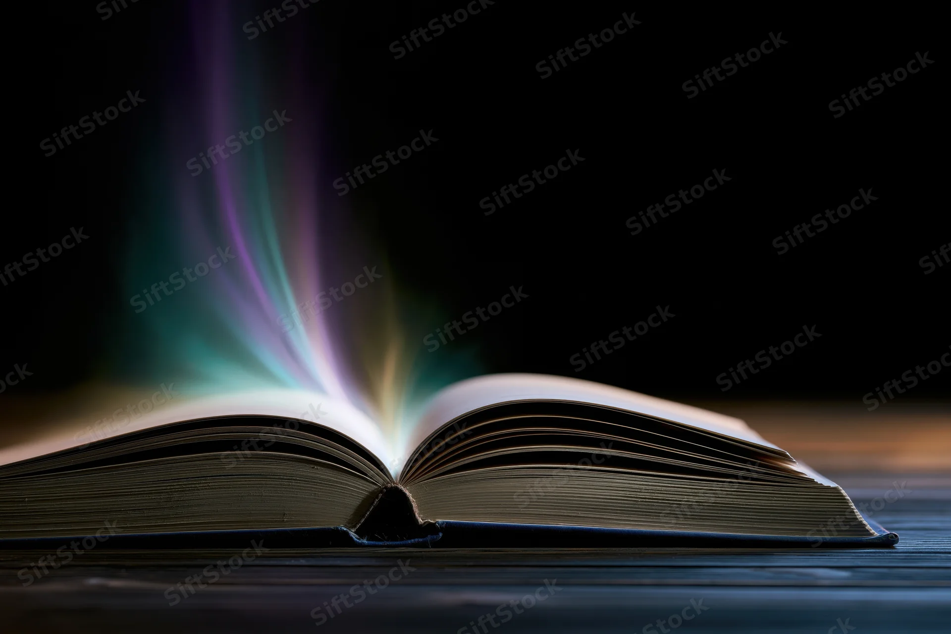 Open hardcover book glowing with colorful light on dark wooden surface