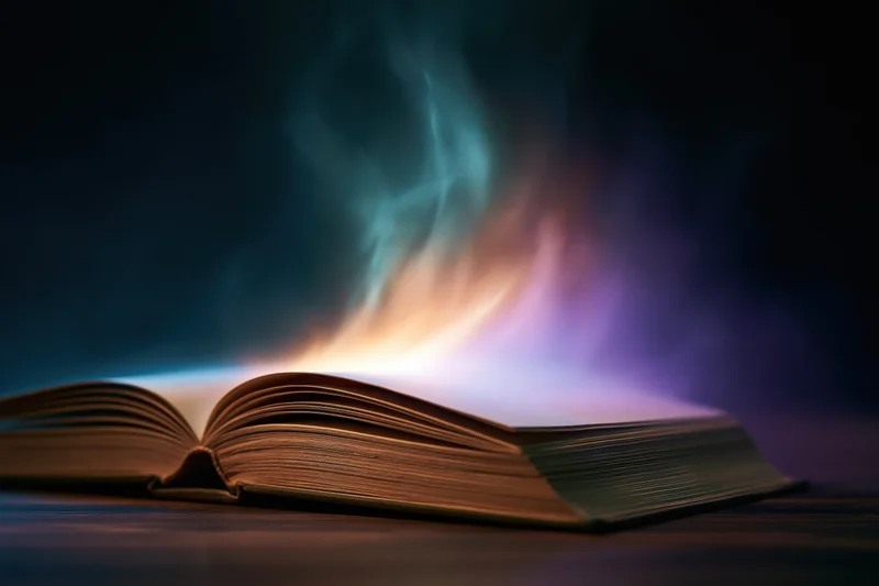 Open book glowing with magical light on dark wooden surface