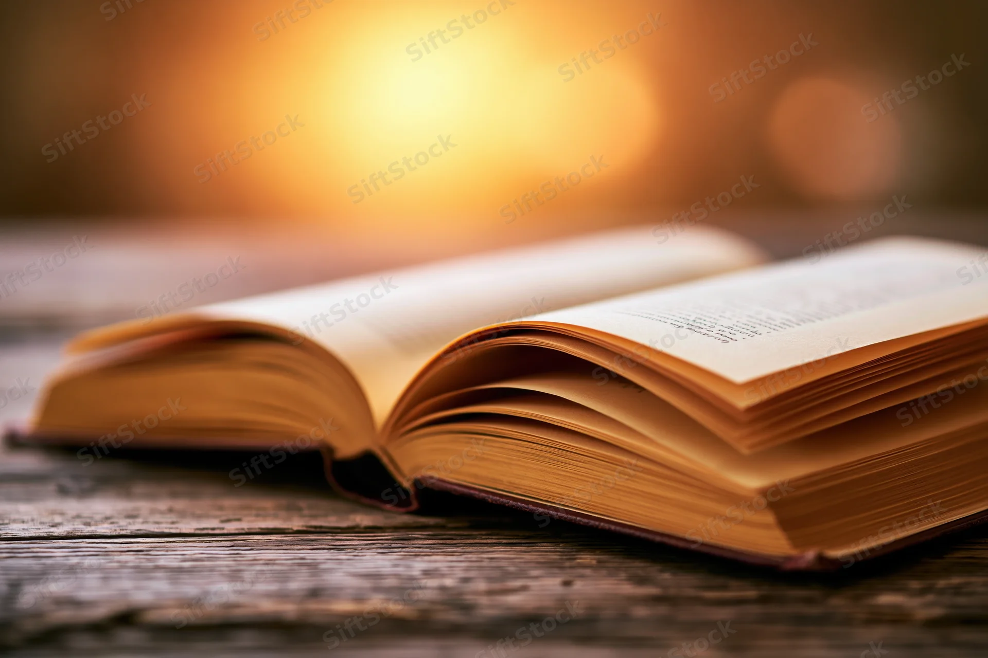 Open hardcover book lying flat on a worn wooden table with warm bokeh lighting in the background