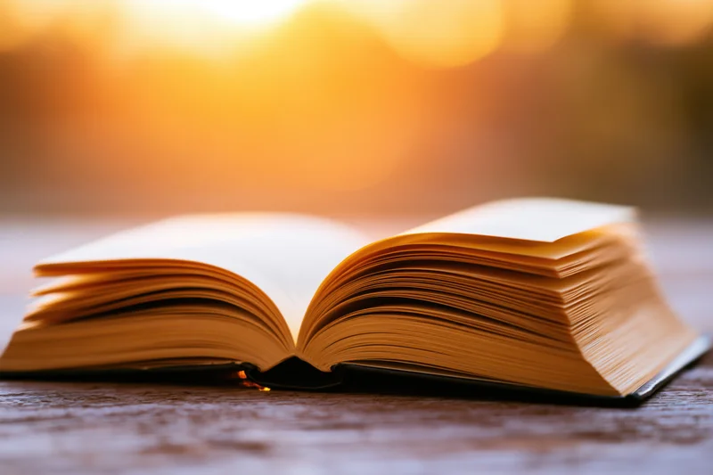 Open hardcover book lying flat on a worn wooden table with warm golden light and blurred background