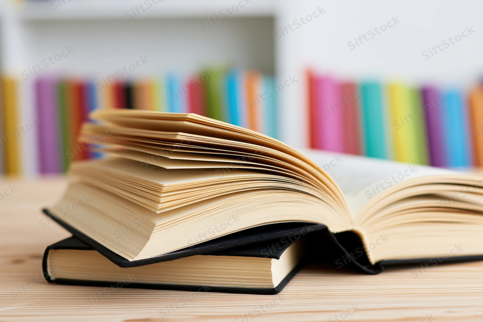 Open hardcover book resting on a closed book on a pale wooden table with colorful books on a shelf in the background