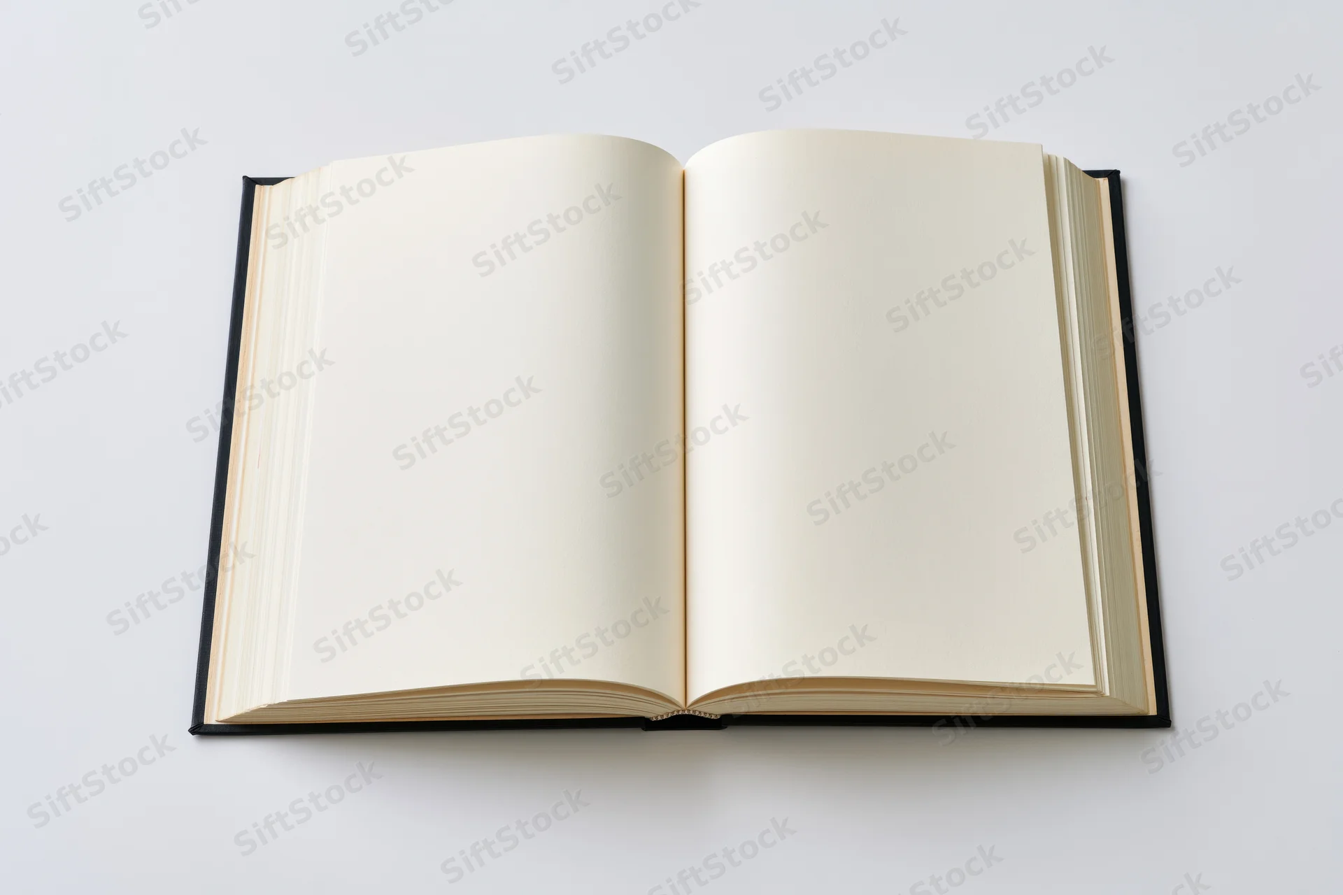 Open hardcover book with blank cream pages lying flat on white background