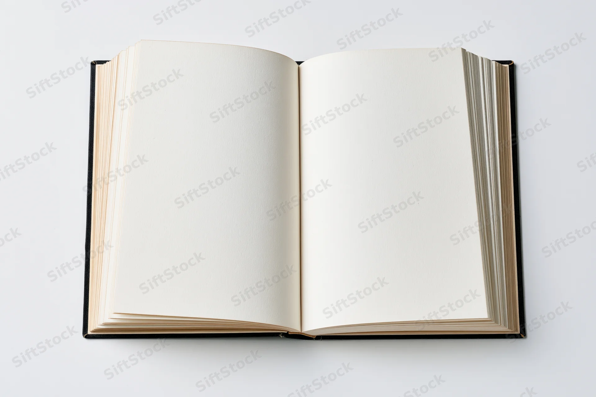 Open hardcover book with blank cream pages lying flat spread on white background