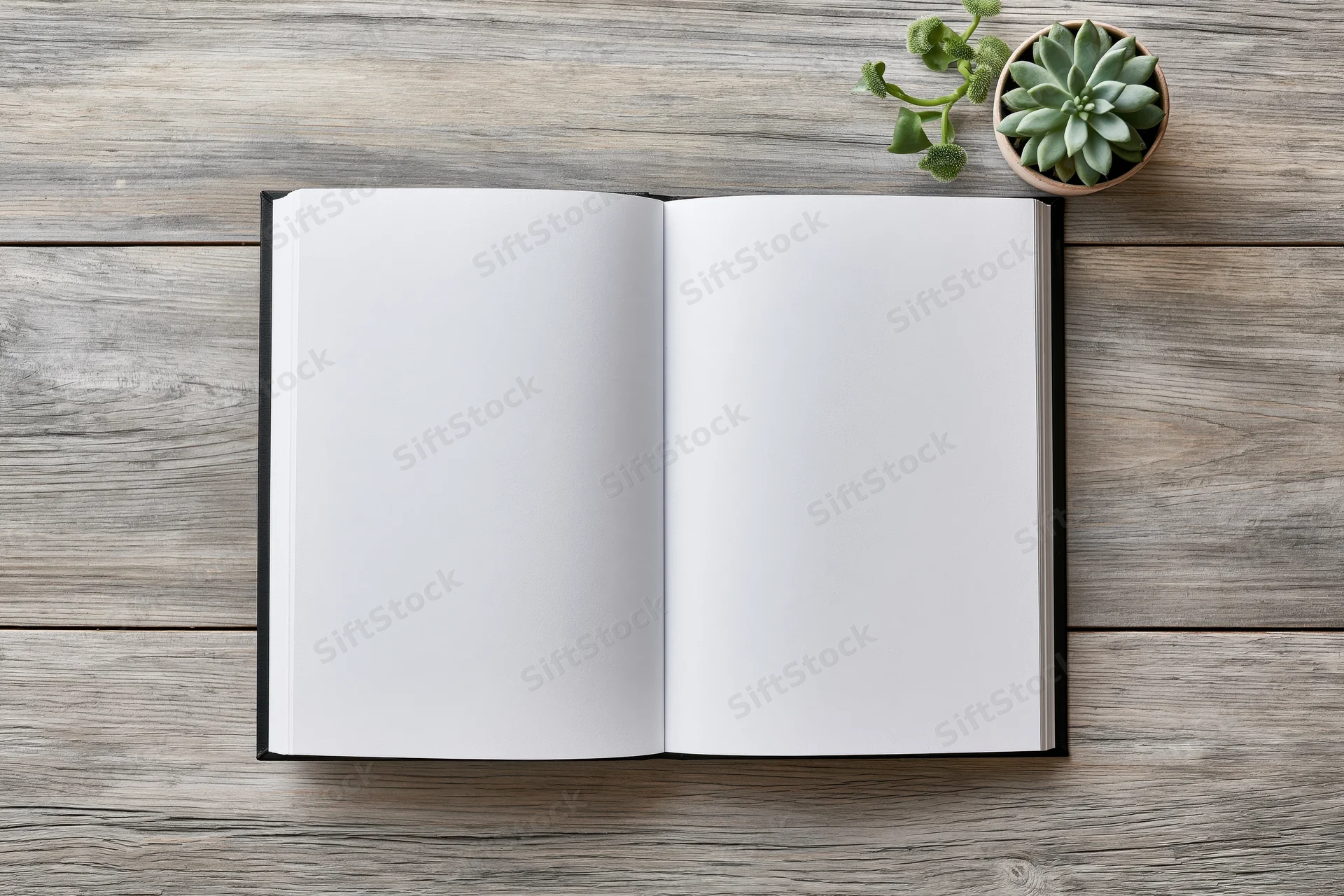 Open hardcover book with blank white pages lying flat on wooden table beside small potted succulent