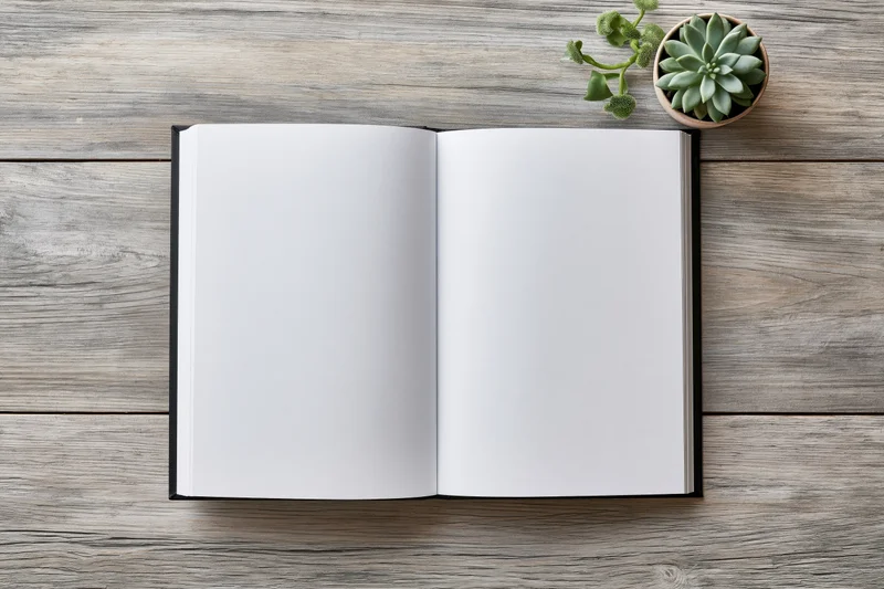 Open hardcover book with blank white pages lying flat on wooden table beside small potted succulent