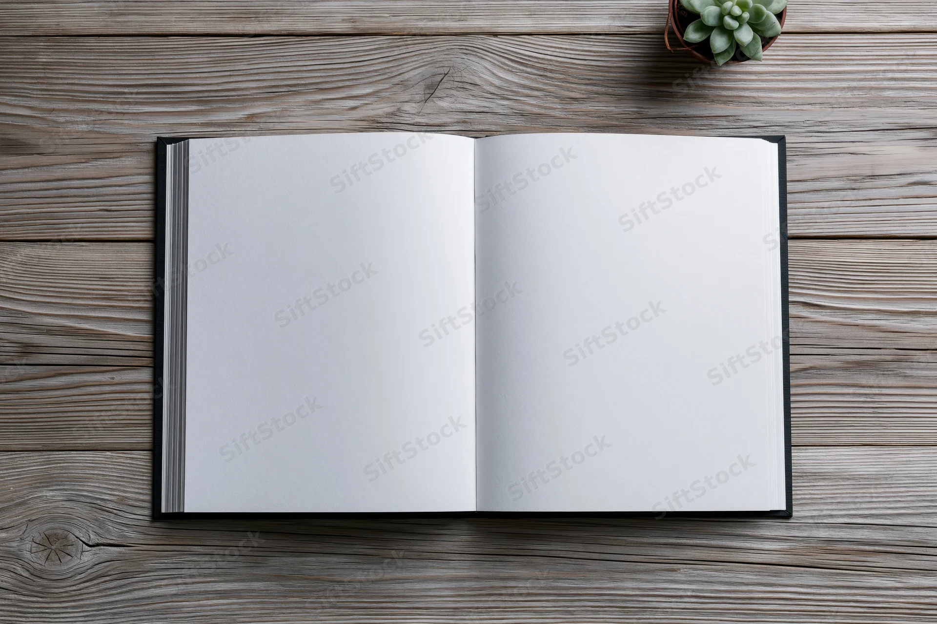 Open hardcover book with blank white pages lying flat on a wooden table with a small potted succulent nearby
