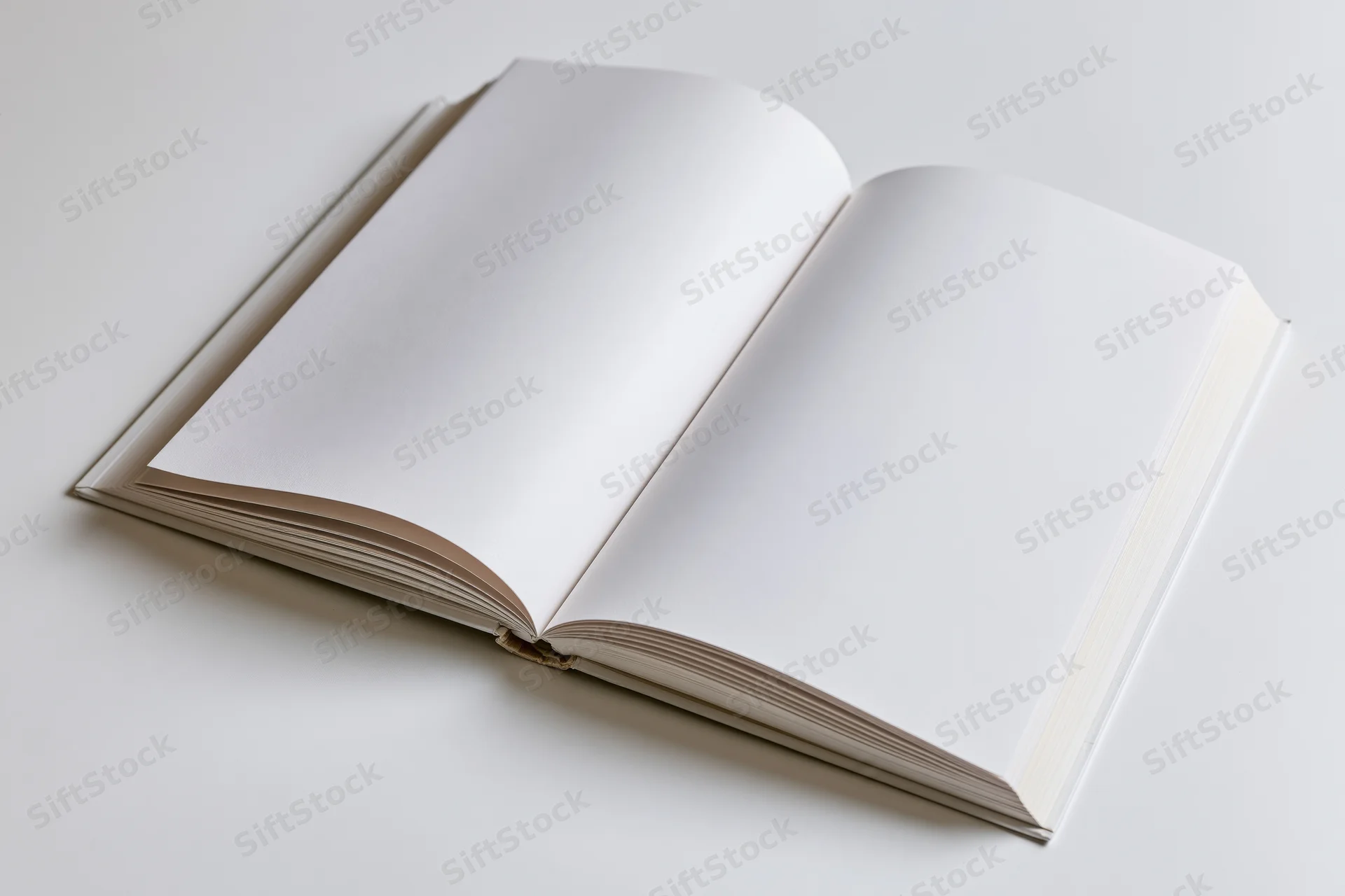 Open hardcover book with blank white pages spread flat on white surface
