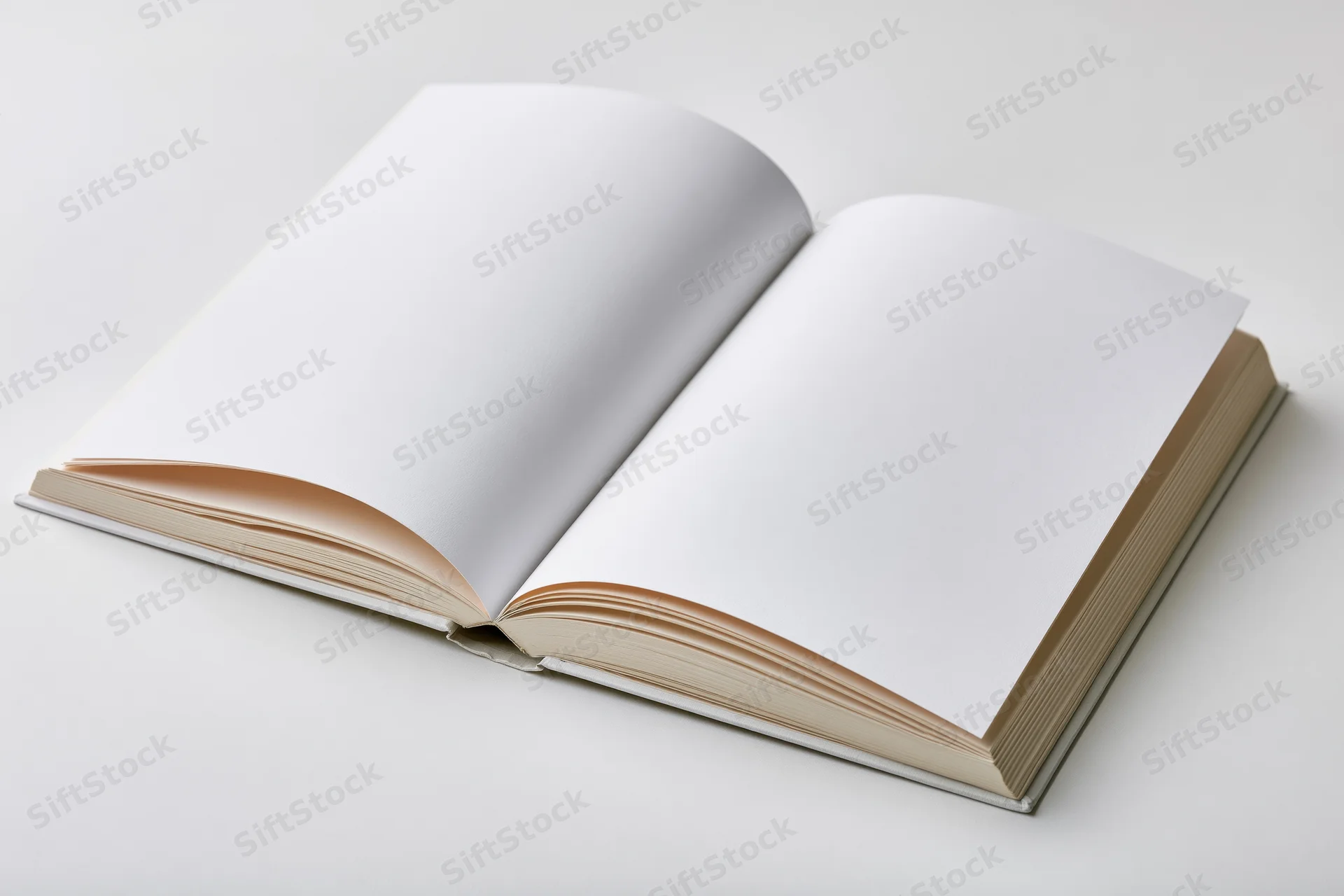 Open hardcover book with blank white pages spread flat on white surface
