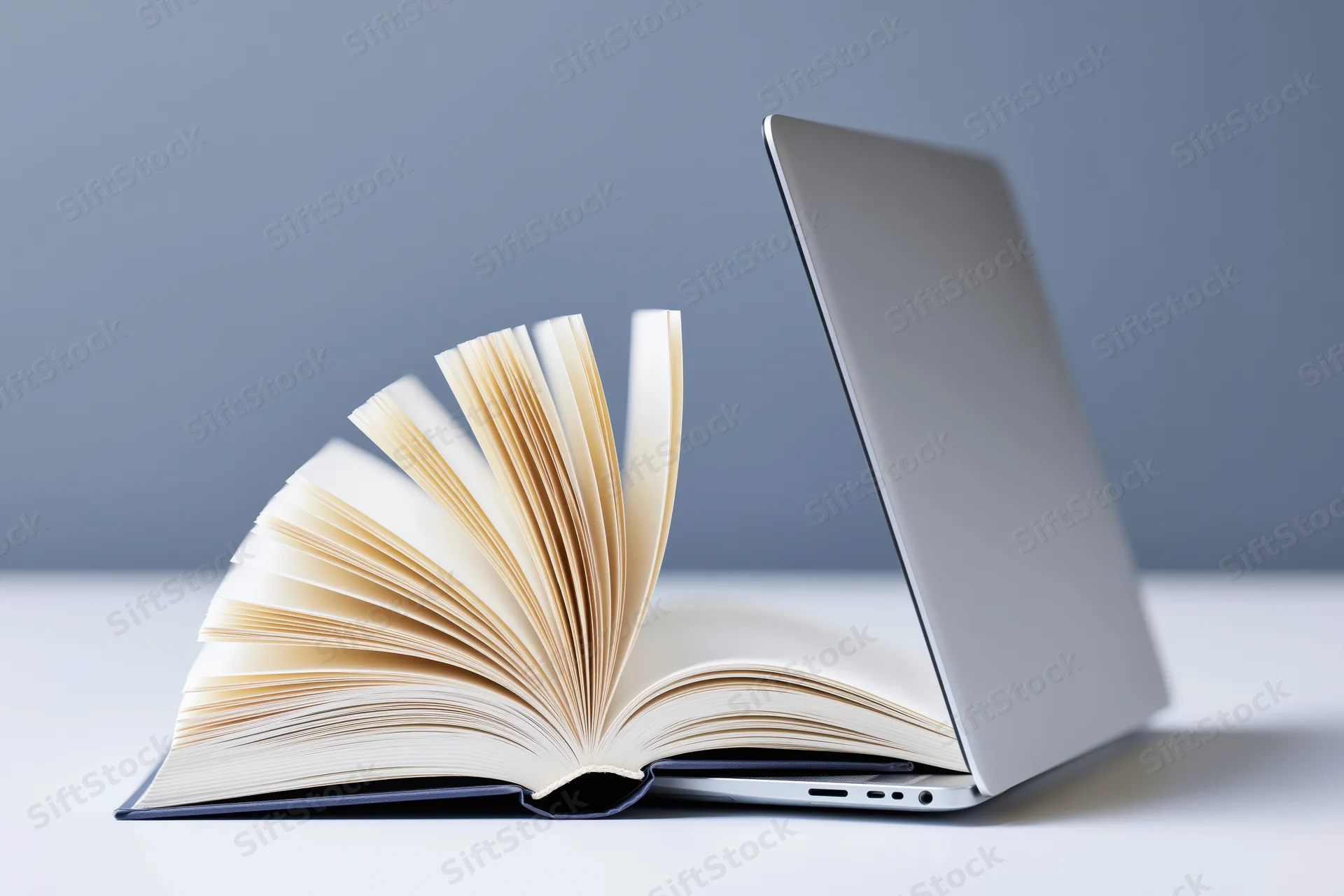 Open hardcover book with fanned pages merging with a laptop on a white surface