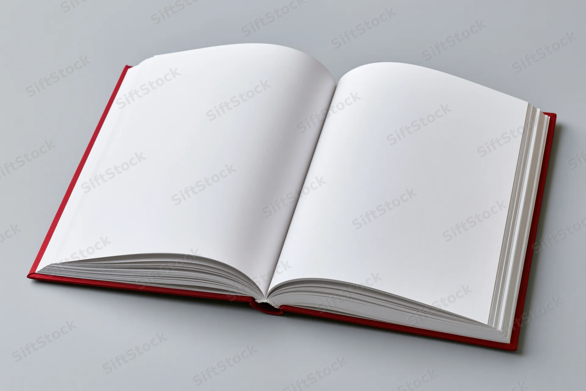 Open hardcover book with red binding and blank white pages on gray surface