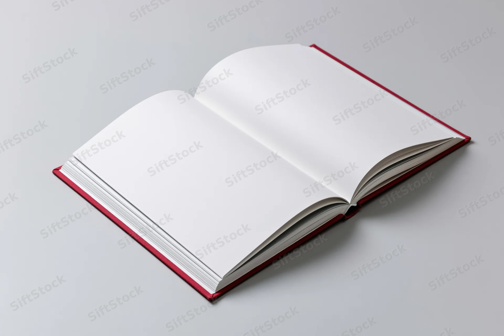 Open hardcover book with red binding and blank white pages on gray surface