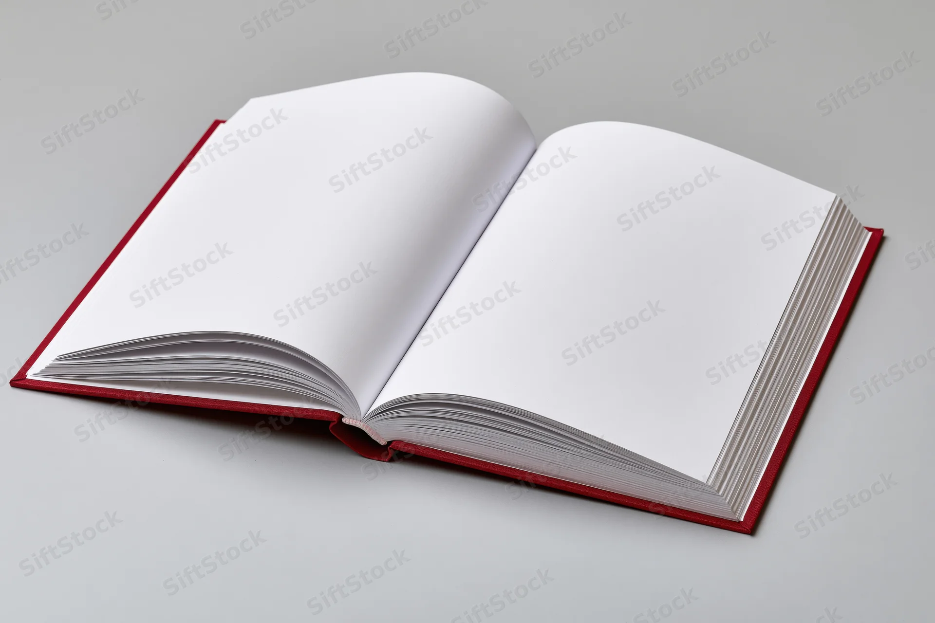 Open hardcover book with red binding and blank white pages lying flat on a neutral surface