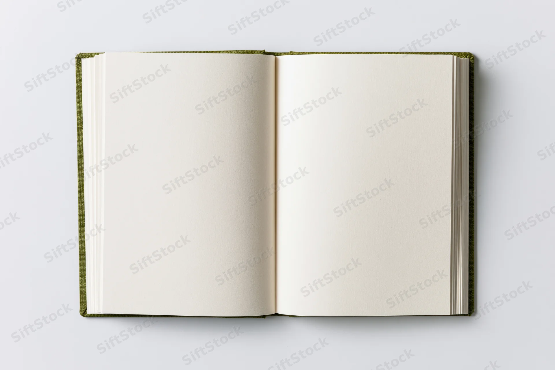 Open hardcover notebook lying flat with blank white pages on a white surface