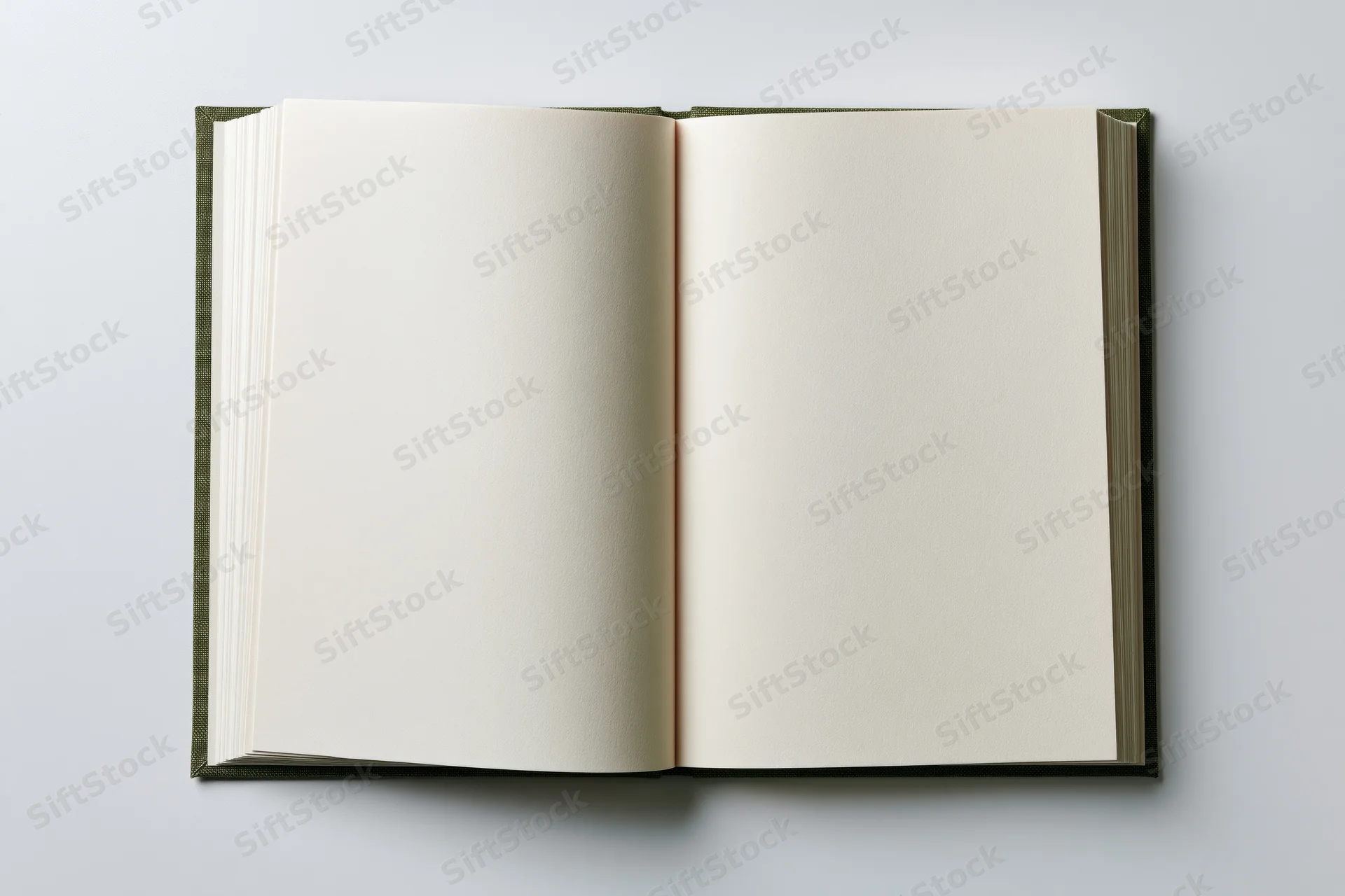 Open hardcover notebook lying flat with blank white pages on a plain surface