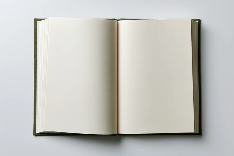 Open hardcover notebook lying flat with blank white pages on a plain surface