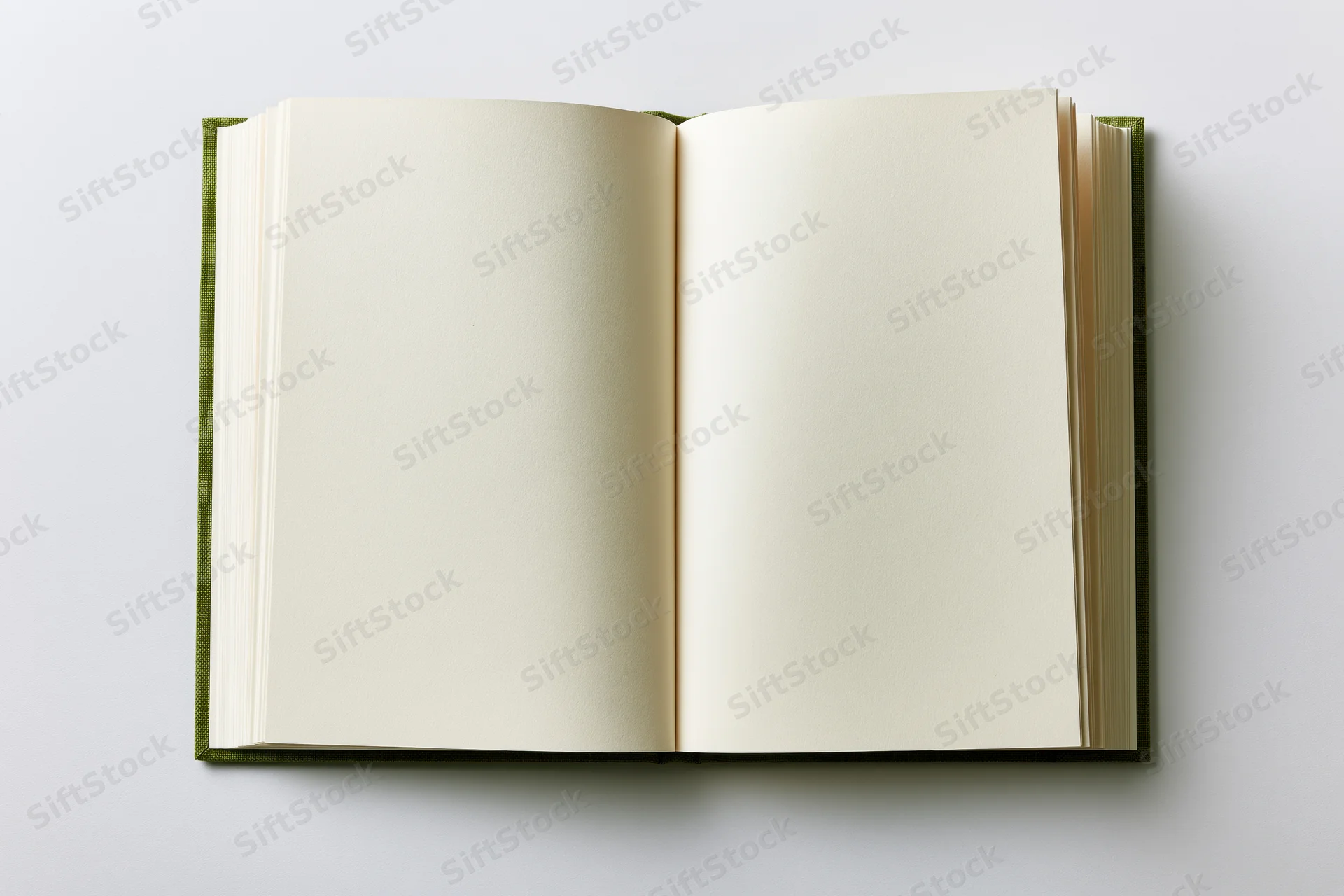 Open hardcover notebook lying flat with blank pages on white surface