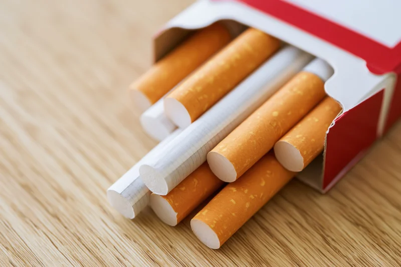 Open red and white cigarette pack with several cigarettes spilling out on wooden surface