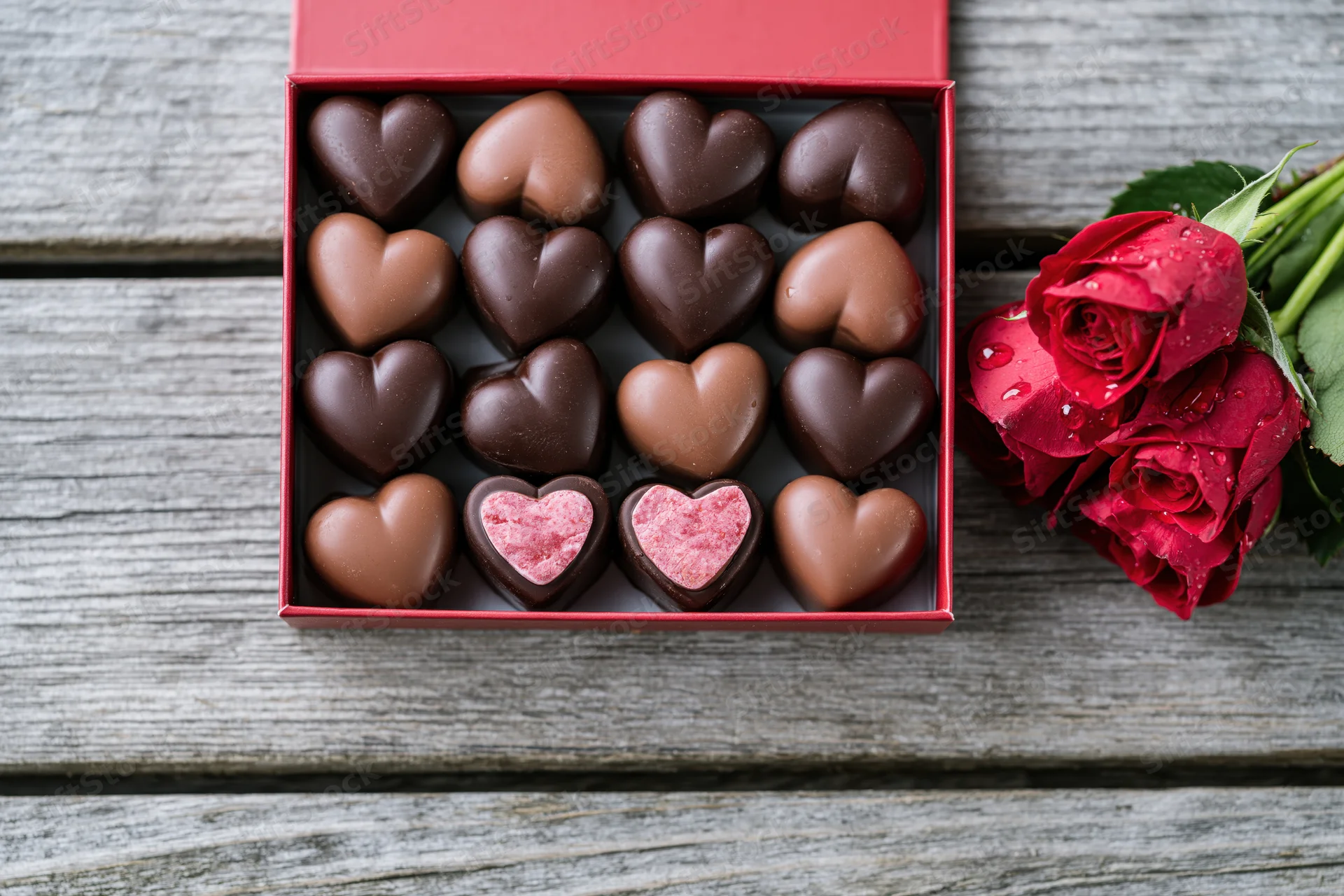 Open red gift box filled with heart-shaped chocolates beside red roses on wooden surface