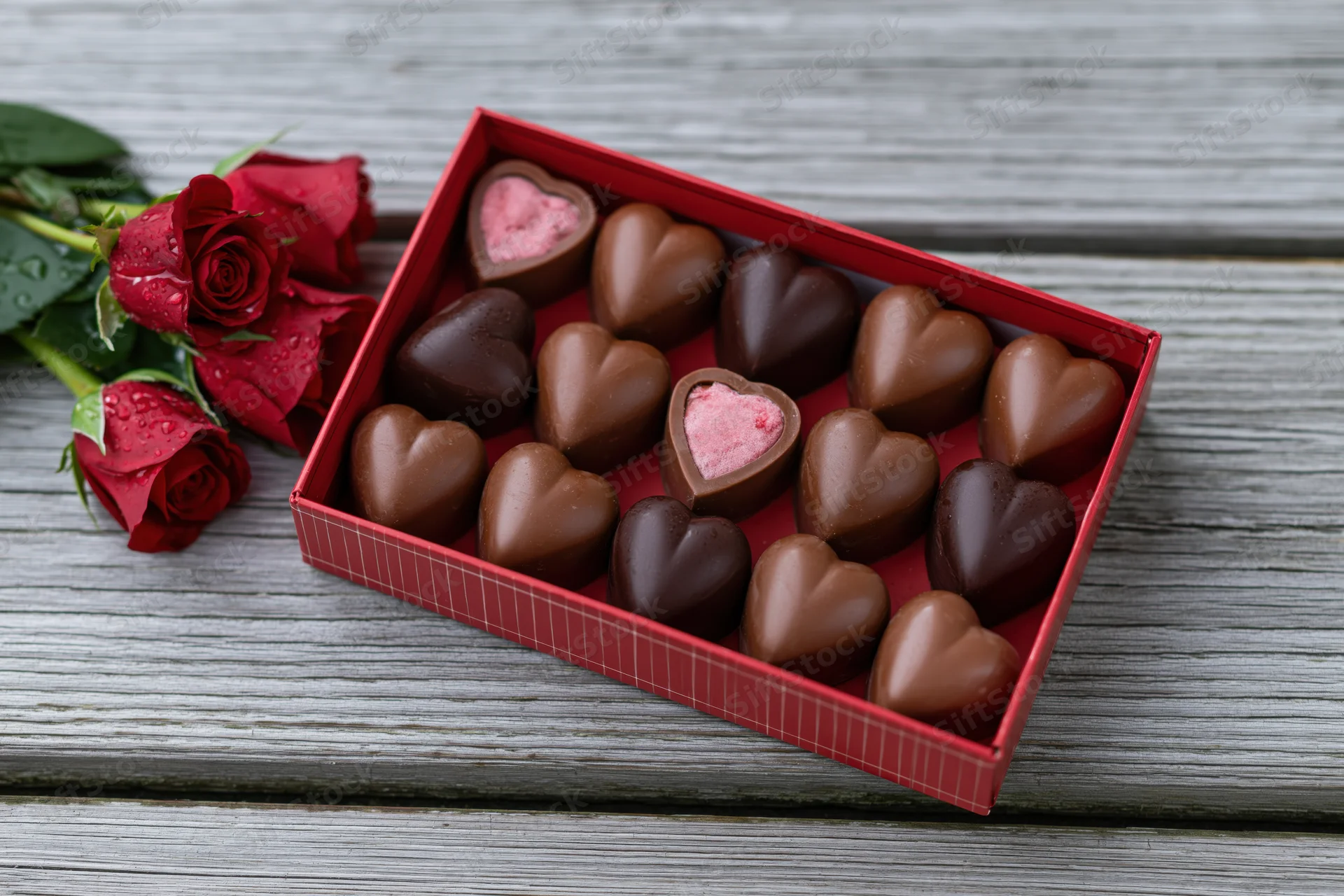 Heart-shaped chocolates in a red gift box beside red roses on a wooden surface