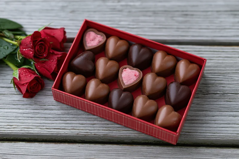 Heart-shaped chocolates in a red gift box beside red roses on a wooden surface