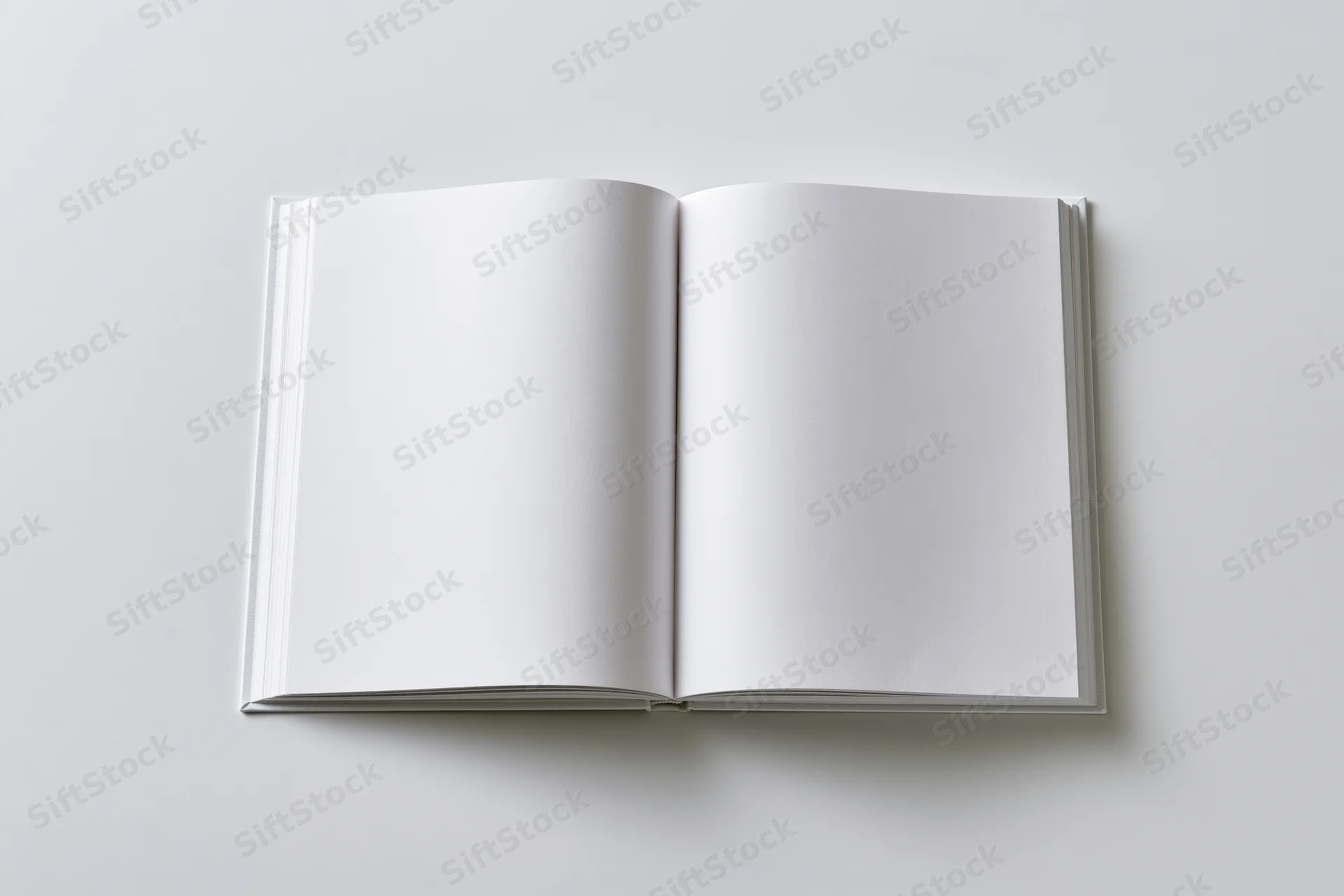 Open hardcover book with blank white pages lying flat on white surface