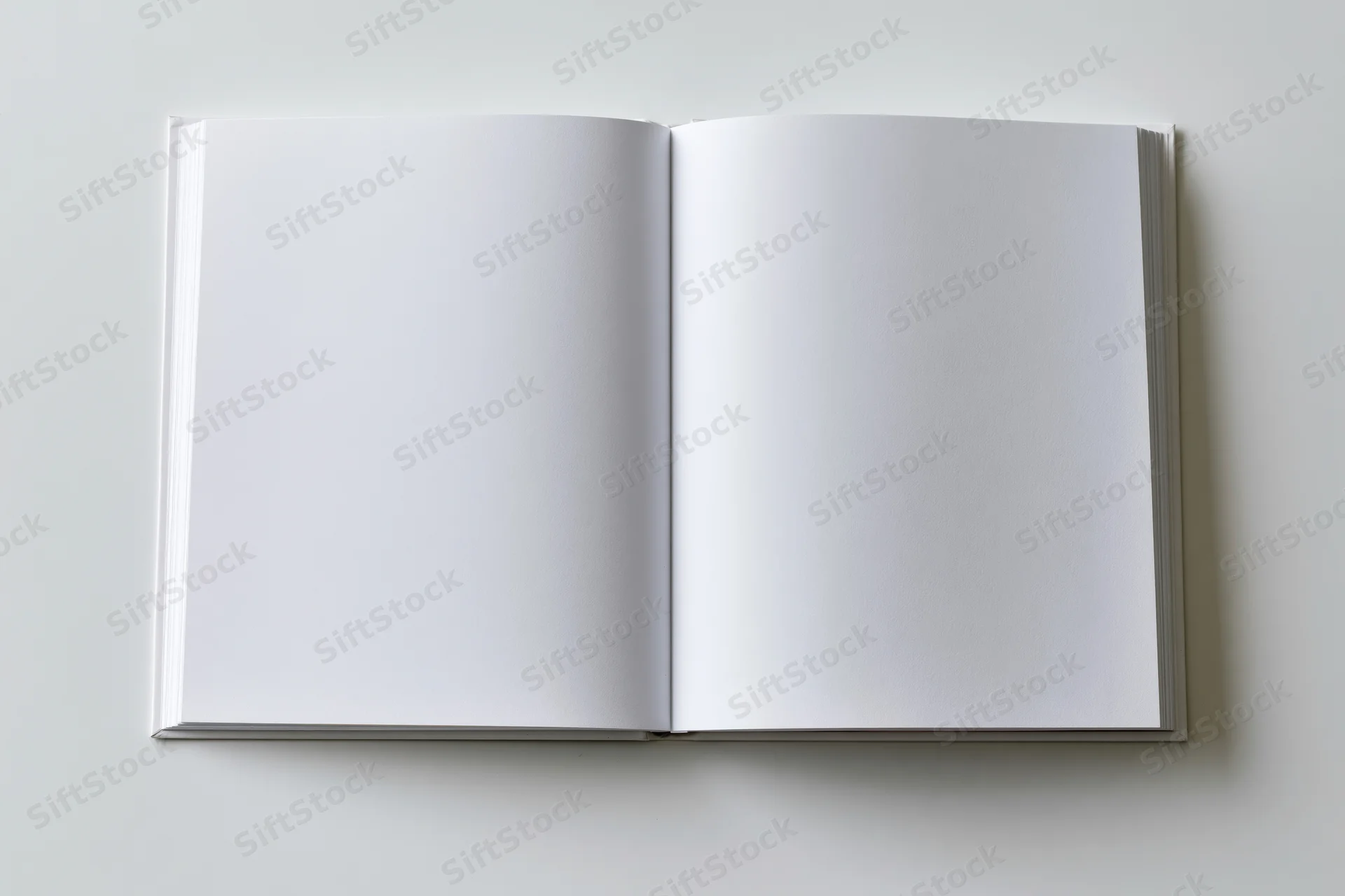 Open hardcover book with blank white pages lying flat on a plain surface