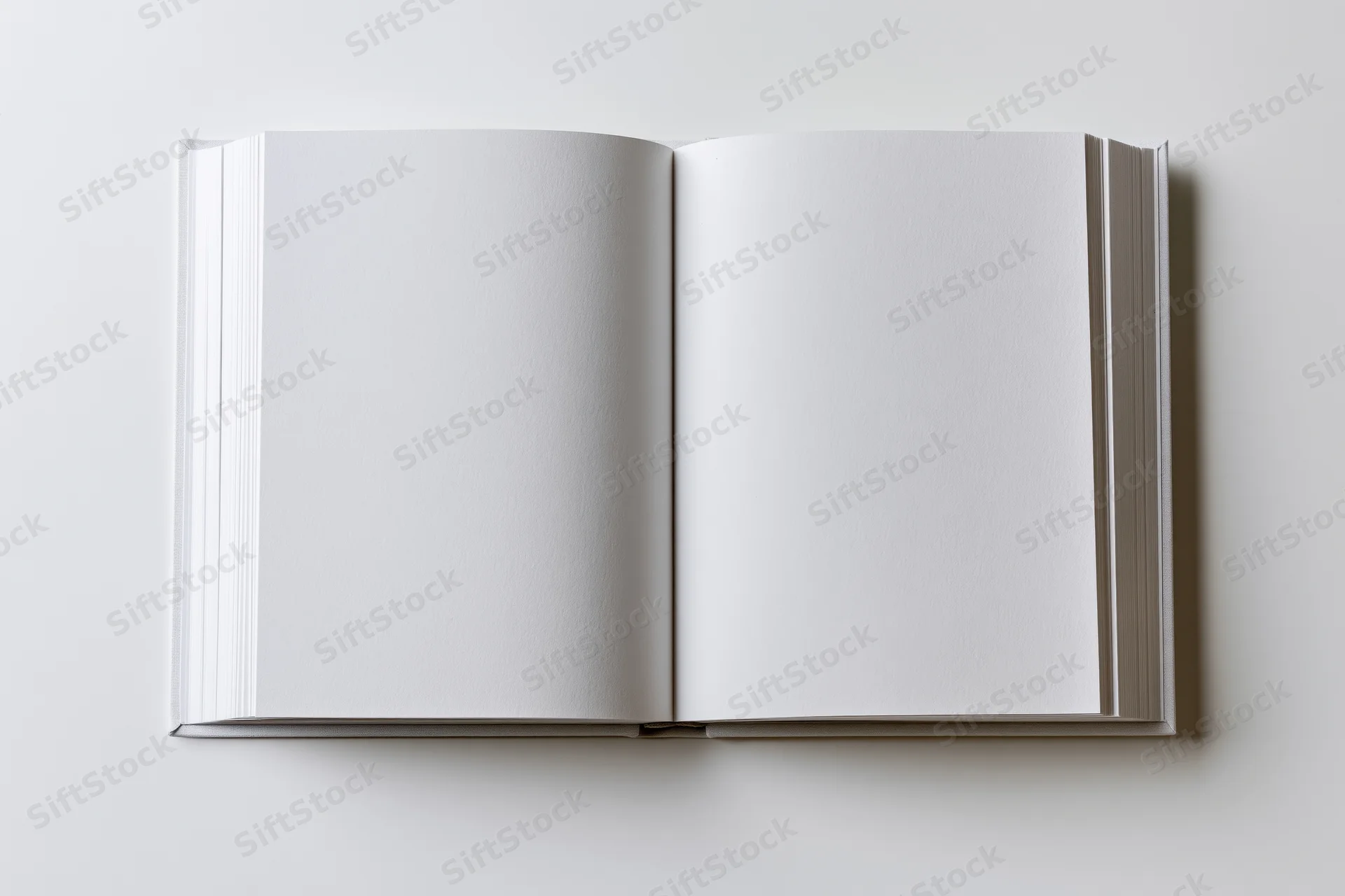 Open hardcover book with blank white pages on plain white surface