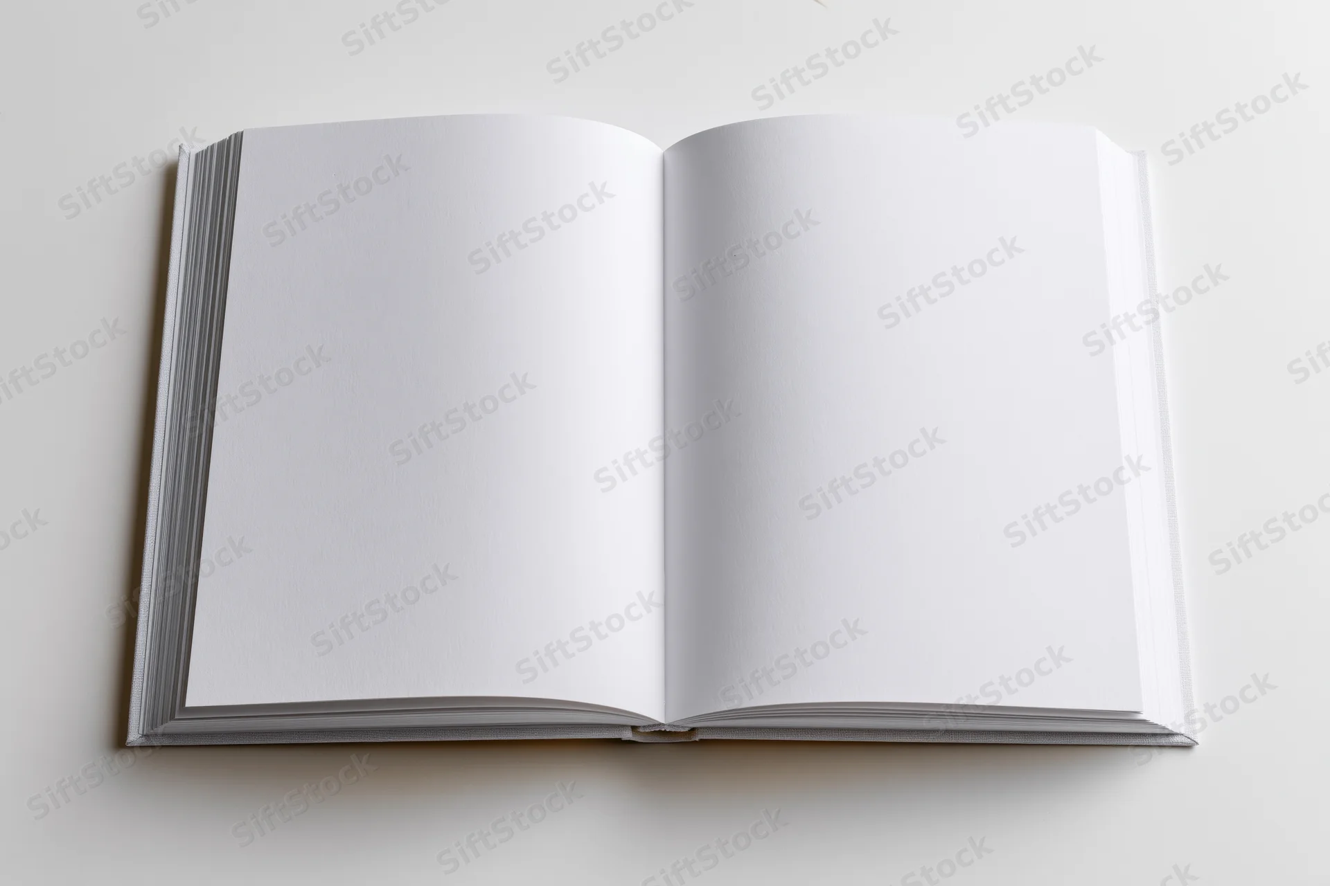 Open hardcover book with blank white pages on white surface