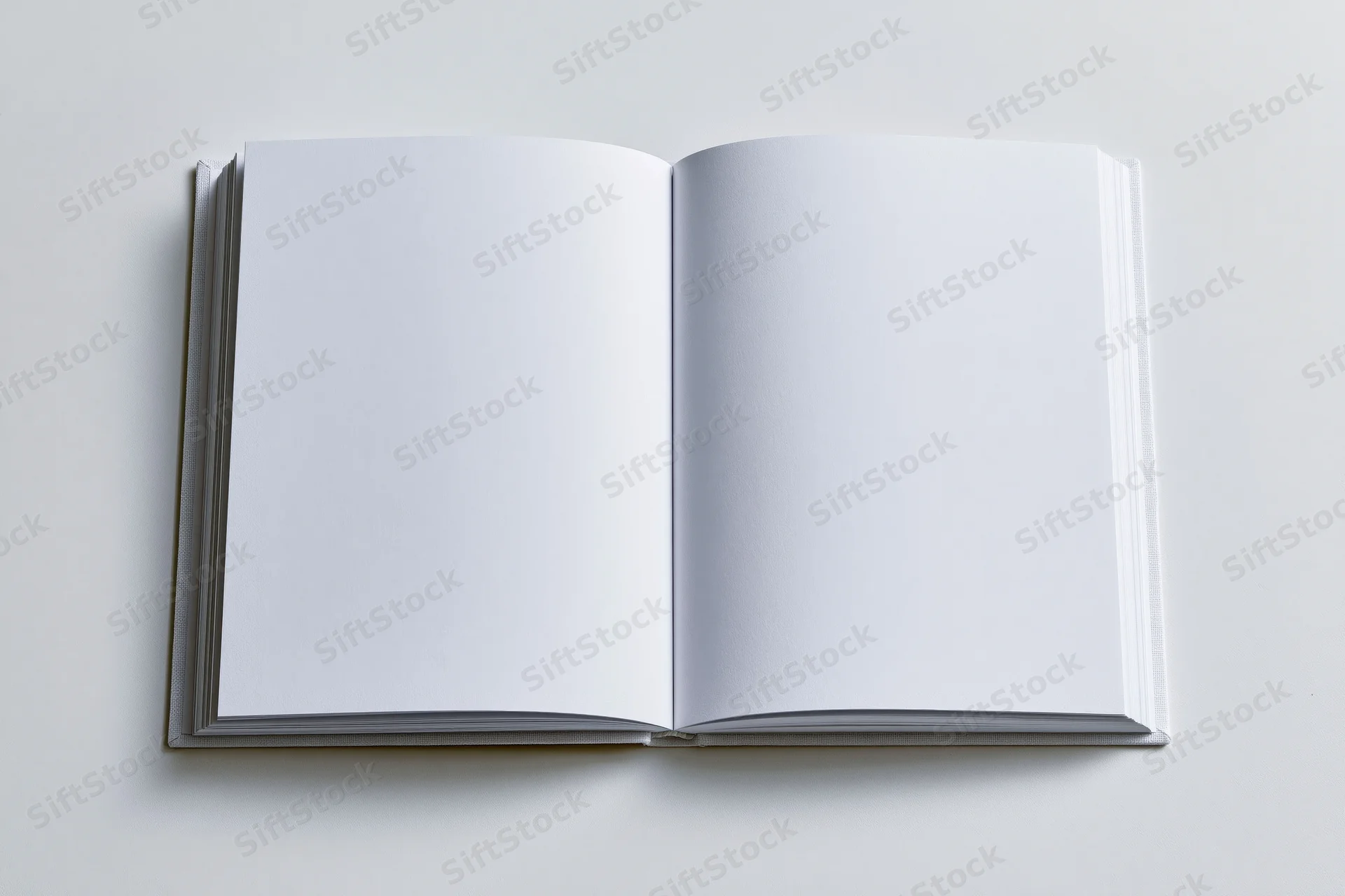 Open hardcover book with blank white pages on a plain surface