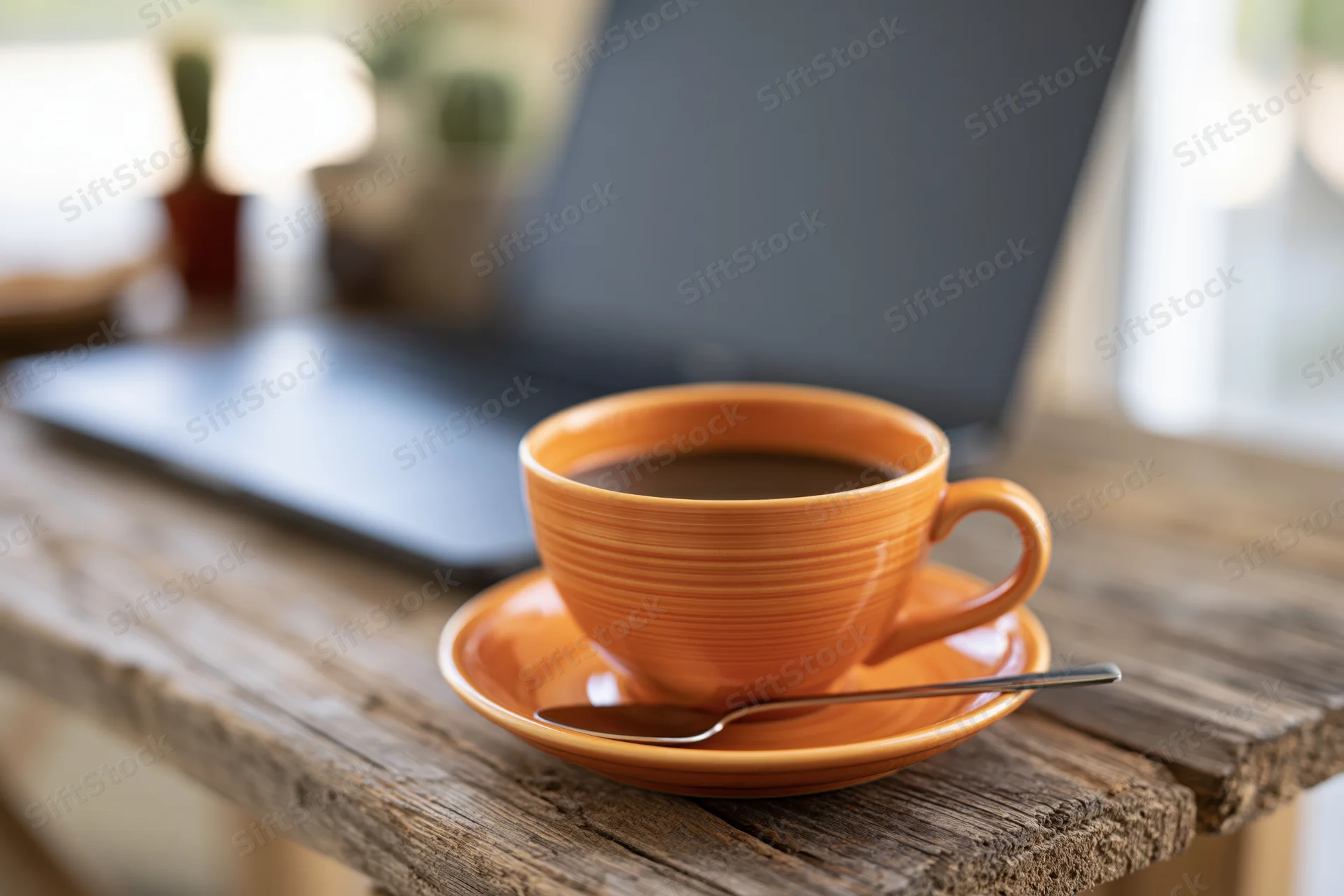 Orange ceramic coffee cup with spoon on saucer on wooden table beside laptop