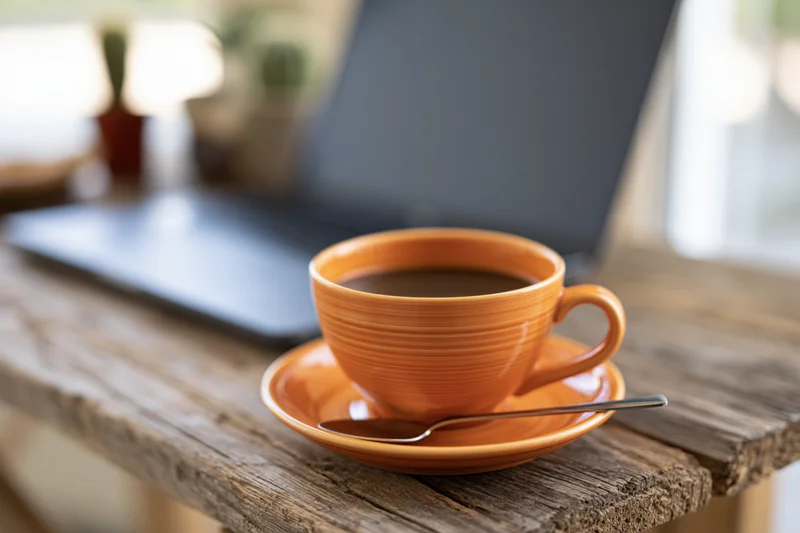 Orange ceramic coffee cup with spoon on saucer on wooden table beside laptop