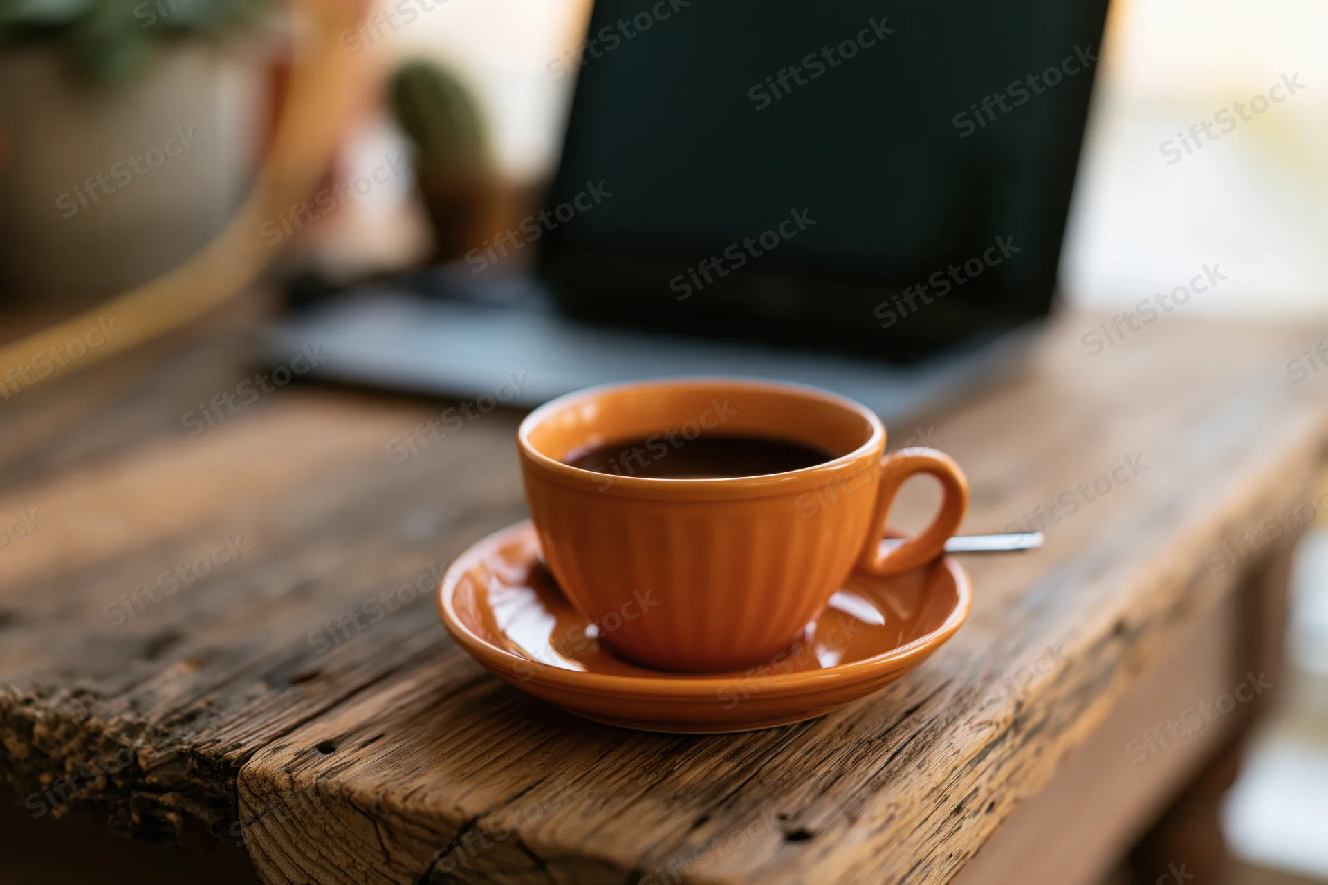Orange ceramic coffee cup filled with black coffee on a rustic wooden table beside a laptop
