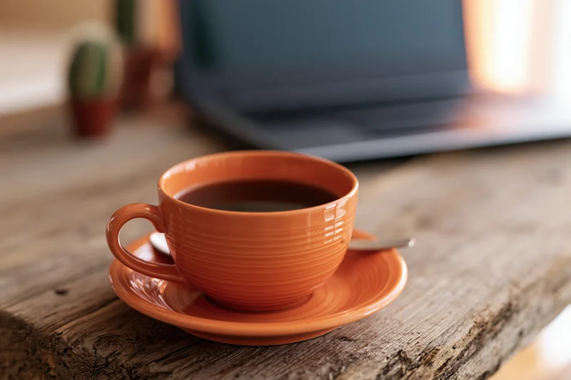 Orange ceramic coffee cup filled with black coffee on wooden table beside laptop