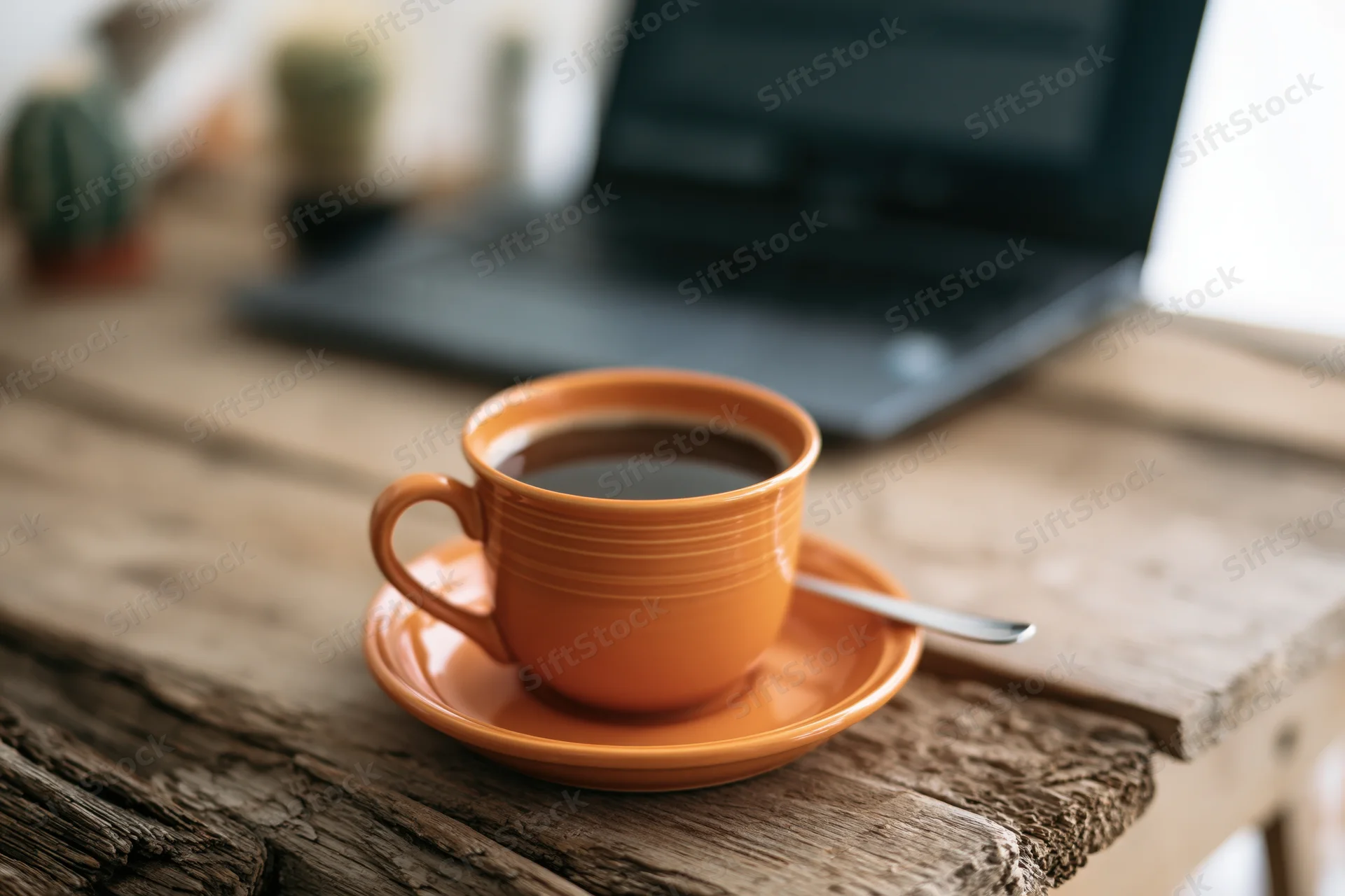 Orange ceramic coffee cup with spoon on saucer on wooden desk beside laptop